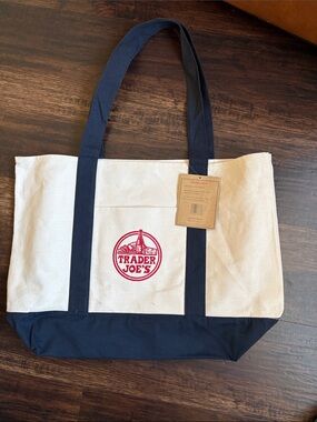 Cream and Navy Canvas Tote Bag large Trader Joe’s